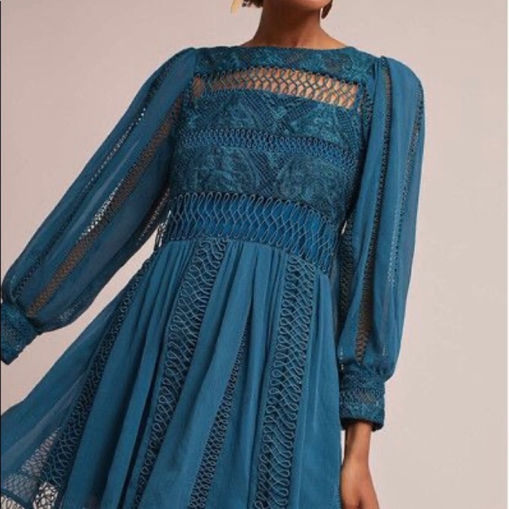Eri + Ari Teal Chalene Lace Skater Sheer Embroidered Dress Long Sleeve - Picture 3 of 14